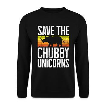 Speichern Sie Die Molligen Einhörner Fat Rino - Unisex Pullover - Schwarz - Vorne - Alina (178cm) & Michal (187cm)