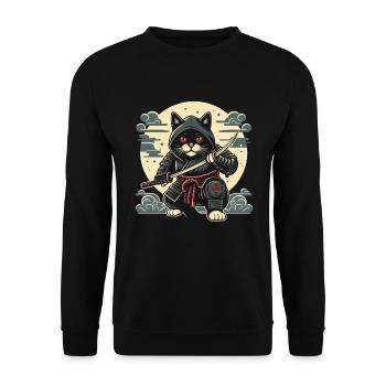 Ninja Katze Japanisch Samurai Japan Kawaii Krieger - Unisex Pullover - Schwarz - Vorne - Alina (178cm) & Michal (187cm)
