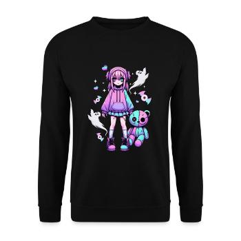 Pastell Goth Anime Girl Mit Teddybär Gotik - Unisex Pullover - Schwarz - Vorne - Alina (178cm) & Michal (187cm)
