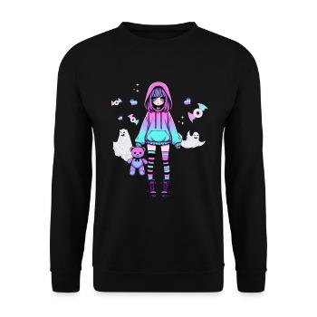 Pastell Goth Anime Girl Mit Teddybär Gotik - Unisex Pullover - Schwarz - Vorne - Alina (178cm) & Michal (187cm)