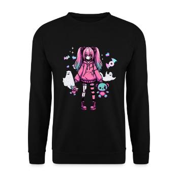 Pastell Goth Anime Girl Mit Teddybär Gotik - Unisex Pullover - Schwarz - Vorne - Alina (178cm) & Michal (187cm)