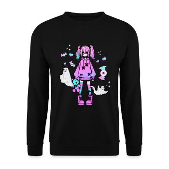 Pastell Goth Anime Girl Mit Teddybär Gotik - Unisex Pullover - Schwarz - Vorne - Alina (178cm) & Michal (187cm)