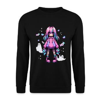 Pastell Goth Anime Girl Mit Teddybär Gotik - Unisex Pullover - Schwarz - Vorne - Alina (178cm) & Michal (187cm)