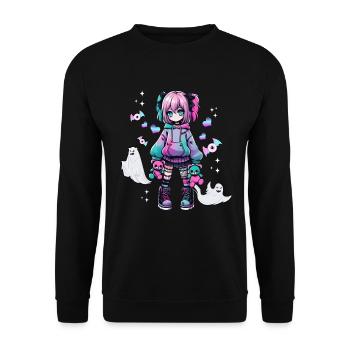 Pastell Goth Anime Girl Mit Teddybär Gotik - Unisex Pullover - Schwarz - Vorne - Alina (178cm) & Michal (187cm)