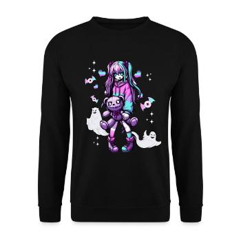 Pastell Goth Anime Girl Mit Teddybär Gotik - Unisex Pullover - Schwarz - Vorne - Alina (178cm) & Michal (187cm)