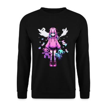 Pastell Goth Anime Girl Mit Teddybär Gotik - Unisex Pullover - Schwarz - Vorne - Alina (178cm) & Michal (187cm)