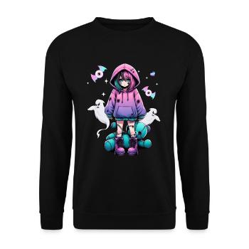 Pastell Goth Anime Girl Mit Teddybär Gotik - Unisex Pullover - Schwarz - Vorne - Alina (178cm) & Michal (187cm)