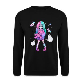 Pastell Goth Anime Girl Mit Teddybär Gotik - Unisex Pullover - Schwarz - Vorne - Alina (178cm) & Michal (187cm)