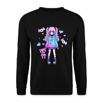 Pastell Goth Anime Girl Mit Teddybär Gotik - Unisex Pullover - Schwarz - Vorne - Alina (178cm) & Michal (187cm)