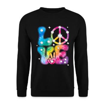 Groovy Tie Dye Friedens Liebeszeichen Retro Hippie - Unisex Pullover - Schwarz - Vorne - Alina (178cm) & Michal (187cm)