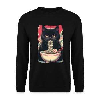 Katzen Ramen Nudel Japaner Anime Manga Kawaii - Unisex Pullover - Schwarz - Vorne - Alina (178cm) & Michal (187cm)