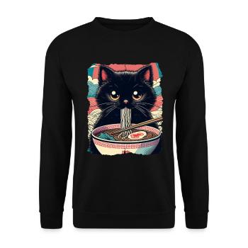 Katzen Ramen Nudel Japaner Anime Manga Kawaii - Unisex Pullover - Schwarz - Vorne - Alina (178cm) & Michal (187cm)