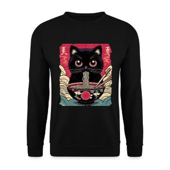 Katzen Ramen Nudel Japaner Anime Manga Kawaii - Unisex Pullover - Schwarz - Vorne - Alina (178cm) & Michal (187cm)