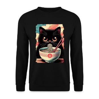 Katzen Ramen Nudel Japaner Anime Manga Kawaii - Unisex Pullover - Schwarz - Vorne - Alina (178cm) & Michal (187cm)