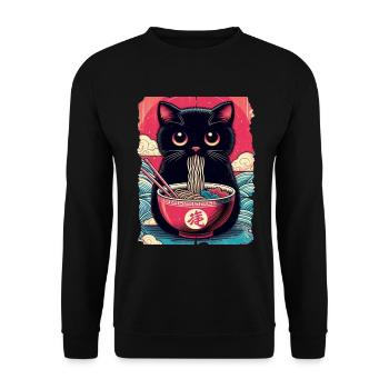 Katzen Ramen Nudel Japaner Anime Manga Kawaii - Unisex Pullover - Schwarz - Vorne - Alina (178cm) & Michal (187cm)