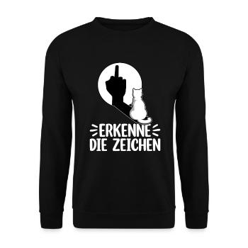 Erkenne die Zeichen Lustige Katze Schatten - Unisex Pullover - Schwarz - Vorne - Alina (178cm) & Michal (187cm)