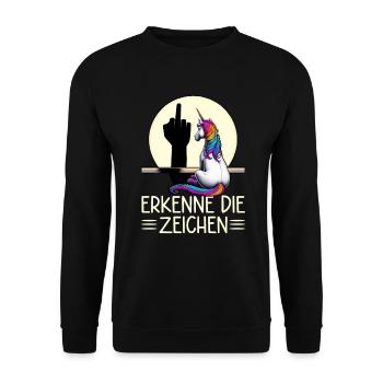 Erkenne die Zeichen Einhorn Schatten Lustiger - Unisex Pullover - Schwarz - Vorne - Alina (178cm) & Michal (187cm)