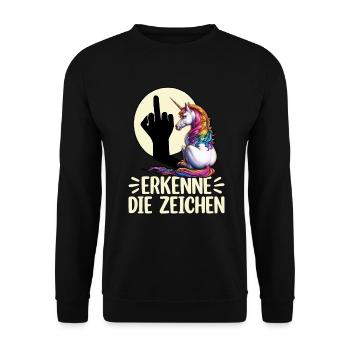 Erkenne die Zeichen Einhorn Schatten Lustiger - Unisex Pullover - Schwarz - Vorne - Alina (178cm) & Michal (187cm)