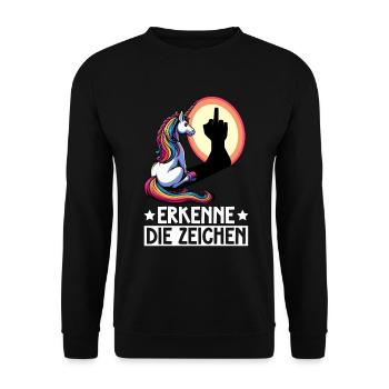 Erkenne die Zeichen Einhorn Schatten Lustiger - Unisex Pullover - Schwarz - Vorne - Alina (178cm) & Michal (187cm)