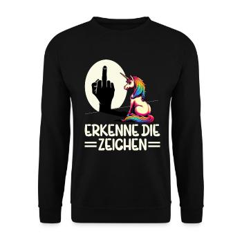 Erkenne die Zeichen Einhorn Schatten Lustiger - Unisex Pullover - Schwarz - Vorne - Alina (178cm) & Michal (187cm)