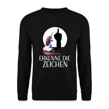 Erkenne die Zeichen Einhorn Schatten Lustiger - Unisex Pullover - Schwarz - Vorne - Alina (178cm) & Michal (187cm)