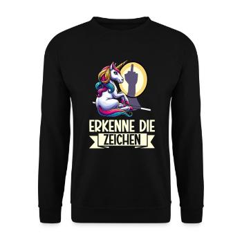 Erkenne die Zeichen Einhorn Schatten Lustiger - Unisex Pullover - Schwarz - Vorne - Alina (178cm) & Michal (187cm)