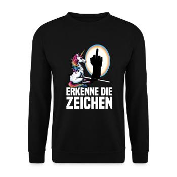 Erkenne die Zeichen Einhorn Schatten Lustiger - Unisex Pullover - Schwarz - Vorne - Alina (178cm) & Michal (187cm)