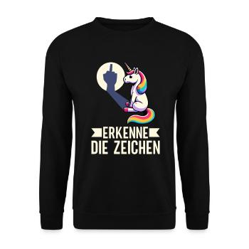 Erkenne die Zeichen Einhorn Schatten Lustiger - Unisex Pullover - Schwarz - Vorne - Alina (178cm) & Michal (187cm)