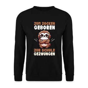 Zum Zocken geboren zur Schule gezwungen Faultier - Unisex Pullover - Schwarz - Vorne - Alina (178cm) & Michal (187cm)