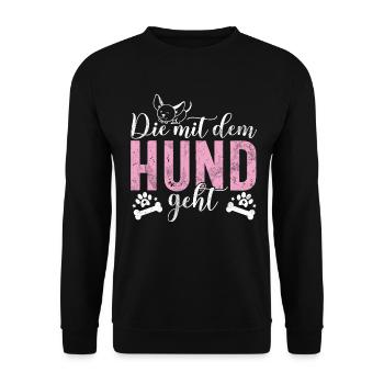 Die Mit Dem Hund Geht Hundebesitzer Hundefreund - Unisex Pullover - Schwarz - Vorne - Alina (178cm) & Michal (187cm)
