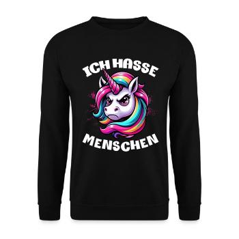 Ich Hasse Menschen Lustig Einhorn Stinkefinger - Unisex Pullover - Schwarz - Vorne - Alina (178cm) & Michal (187cm)