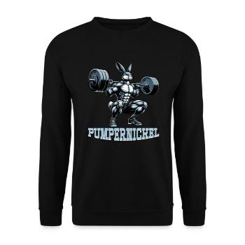 Pumpernickel-Kaninchen Fitnesstrainer Bodybuilder - Unisex Pullover - Schwarz - Vorne - Alina (178cm) & Michal (187cm)