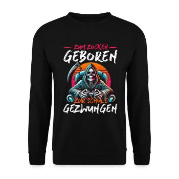 Né pour jouer Forcé d’aller à l’école Grim Reaper - Sweat-shirt Unisexe - noir - Devant - Alina (178cm) & Michal (187cm)