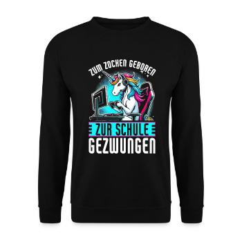 Née pour jouer Forcée d’aller à l’école Licorne - Sweat-shirt Unisexe - noir - Devant - Alina (178cm) & Michal (187cm)