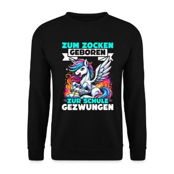 Née pour jouer Forcée d’aller à l’école Licorne - Sweat-shirt Unisexe - noir - Devant - Alina (178cm) & Michal (187cm)