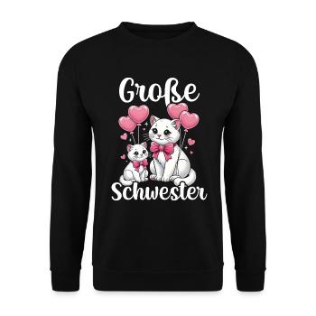 Große Schwester Katze Älteres Geschwisterkind - Unisex Pullover - Schwarz - Vorne - Alina (178cm) & Michal (187cm)