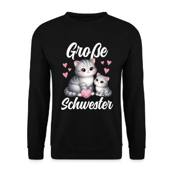 Große Schwester Katze Älteres Geschwisterkind - Unisex Pullover - Schwarz - Vorne - Alina (178cm) & Michal (187cm)