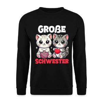 Große Schwester Katze Älteres Geschwisterkind - Unisex Pullover - Schwarz - Vorne - Alina (178cm) & Michal (187cm)