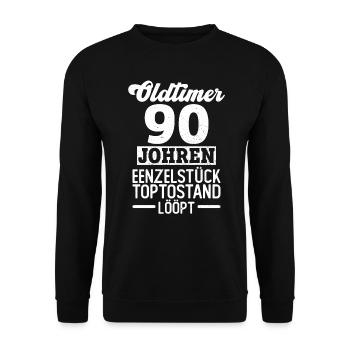 Oldtimer - 90 Johren 90 Geburtstag Plattdeutsch - Unisex Pullover - Schwarz - Vorne - Alina (178cm) & Michal (187cm)