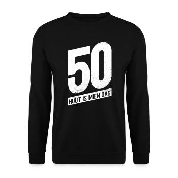 50 - Hüüt Is Mien Dag - 50 Geburtstag Plattdeutsch - Unisex Pullover - Schwarz - Vorne - Alina (178cm) & Michal (187cm)