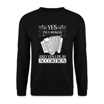 Ja, ich bin eine Frau und ja, ich spiele Akkordeon - Unisex Pullover - Schwarz - Vorne - Alina (178cm) & Michal (187cm)