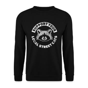 Unterstützt lokalen Straßenkatzen Waschbär - Unisex Pullover - Schwarz - Vorne - Alina (178cm) & Michal (187cm)