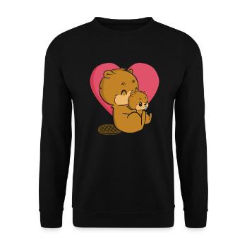 Biber Biberbaby umarmt - Lustiger Biber - Unisex Pullover - Schwarz - Vorne - Alina (178cm) & Michal (187cm)