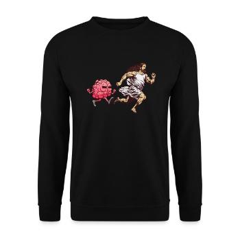 Jesus wird von Gehirn gejagt - Atheist Atheismus - Unisex Pullover - Schwarz - Vorne - Alina (178cm) & Michal (187cm)