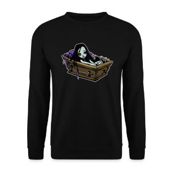 Romantischer Goth in Sarg - Gothic Emo Grufti - Unisex Pullover - Schwarz - Vorne - Alina (178cm) & Michal (187cm)