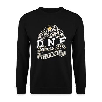 DNF Follows Me Everywhere - Geocaching Geocacher - Unisex Pullover - Schwarz - Vorne - Alina (178cm) & Michal (187cm)