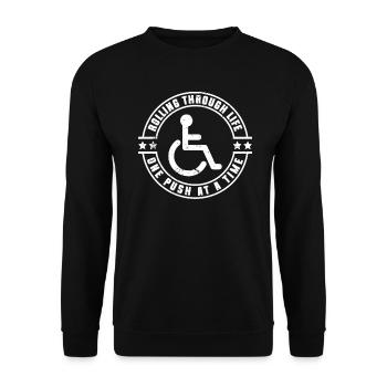 Fauteuil roulant Fauteuil roulant Handicap Drôle - Sweat-shirt Unisexe - noir - Devant - Alina (178cm) & Michal (187cm)