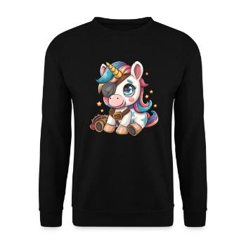 Einhorn-Pirat Kawaii Japanisch - Unisex Pullover - Schwarz - Vorne - Alina (178cm) & Michal (187cm)