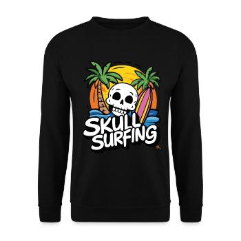 Skull Surfing - Totenkopf mit Surfbrett - Unisex Pullover - Schwarz - Vorne - Alina (178cm) & Michal (187cm)