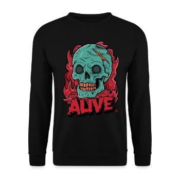 Skull in Hell - Alive, Totenkopf - Unisex Pullover - Schwarz - Vorne - Alina (178cm) & Michal (187cm)